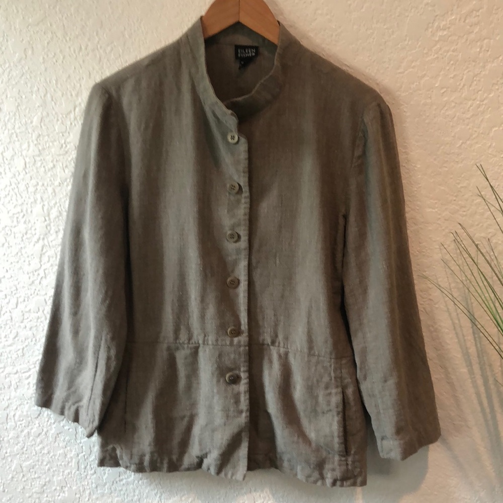 Eileen Fisher linen cotton blend Light gray brown textured Jacket peplum